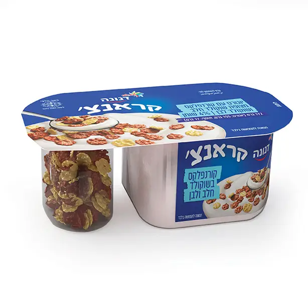 דנונה קראנצ' יוגורט עם קורנפלקס מצופה שוקולד חלב ושוקולד לבן 4% שומן