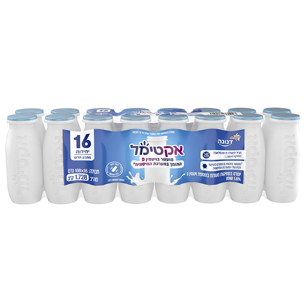 דנונה אקטימל מארז 16 יח׳ משקה יוגורט פרוביוטי במתיקות מעודנת 1.6% שומן