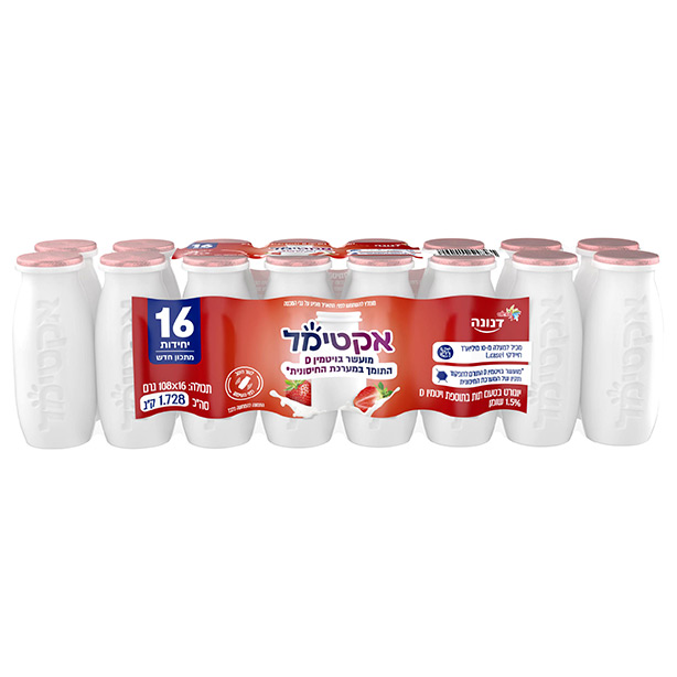 דנונה אקטימל מארז 16 יח׳ משקה יוגורט פרוביוטי בטעם תות 1.5% שומן