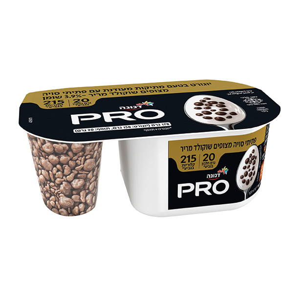 דנונה PRO יוגורט קראנצ' בטעם מתיקות מעודנת עם פתיתי סויה מצופים שוקולד מריר 20 גר׳ חלבון 3.9% שומן